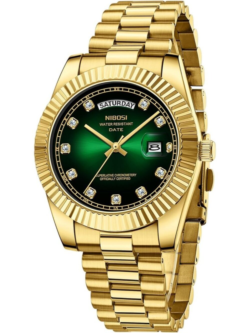 Nibosi Men's Gold Analog Quartz Stainless Green Face Waterproof Desiger Watch